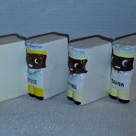 Vintage Japan Chef Black Americana 4pc set Salt Pepper Cinnamon Nutmeg Shakers - Picture 3 of 4